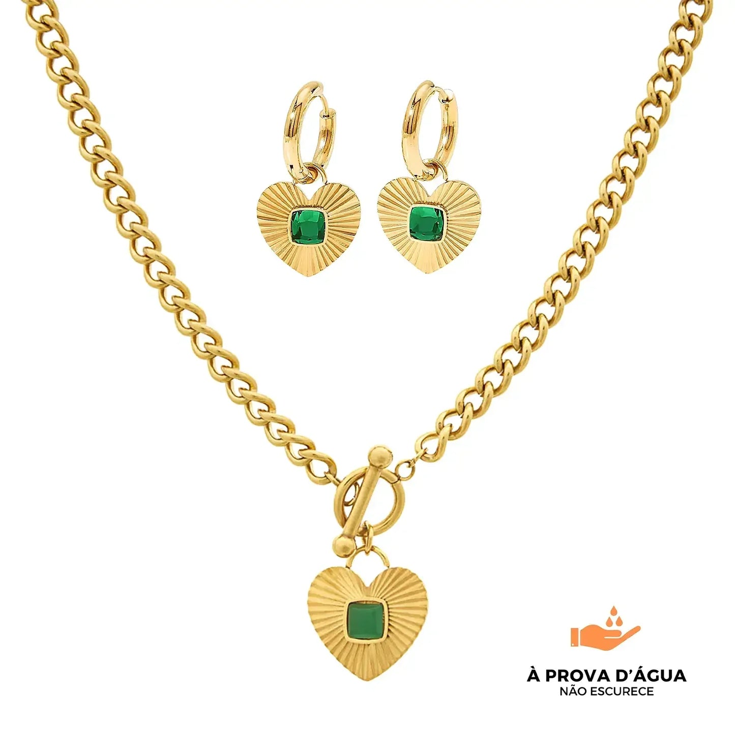 Conjunto Coração Esmeralda Banhado em Ouro 18k