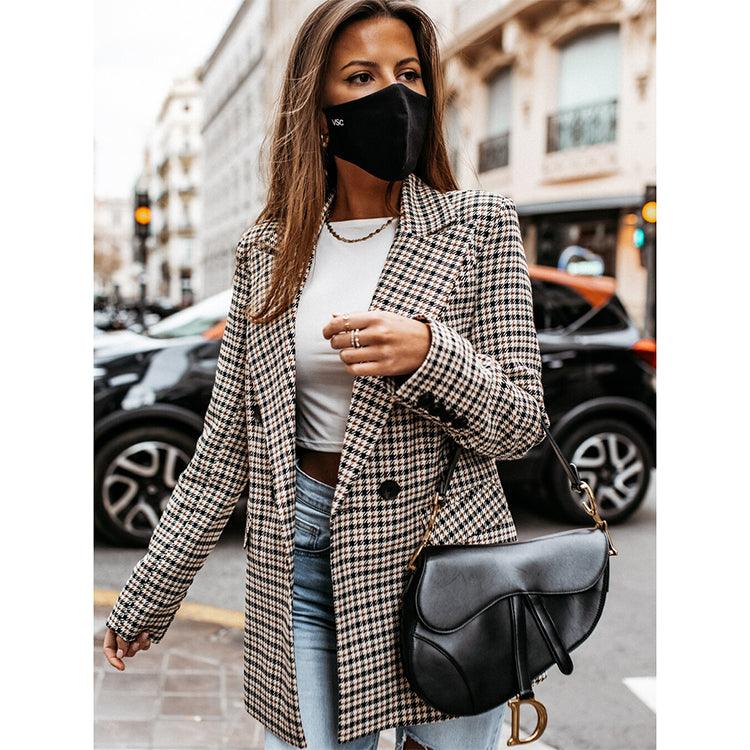 Blazer de Alfaiataria Feminino Xadrez Cinza
